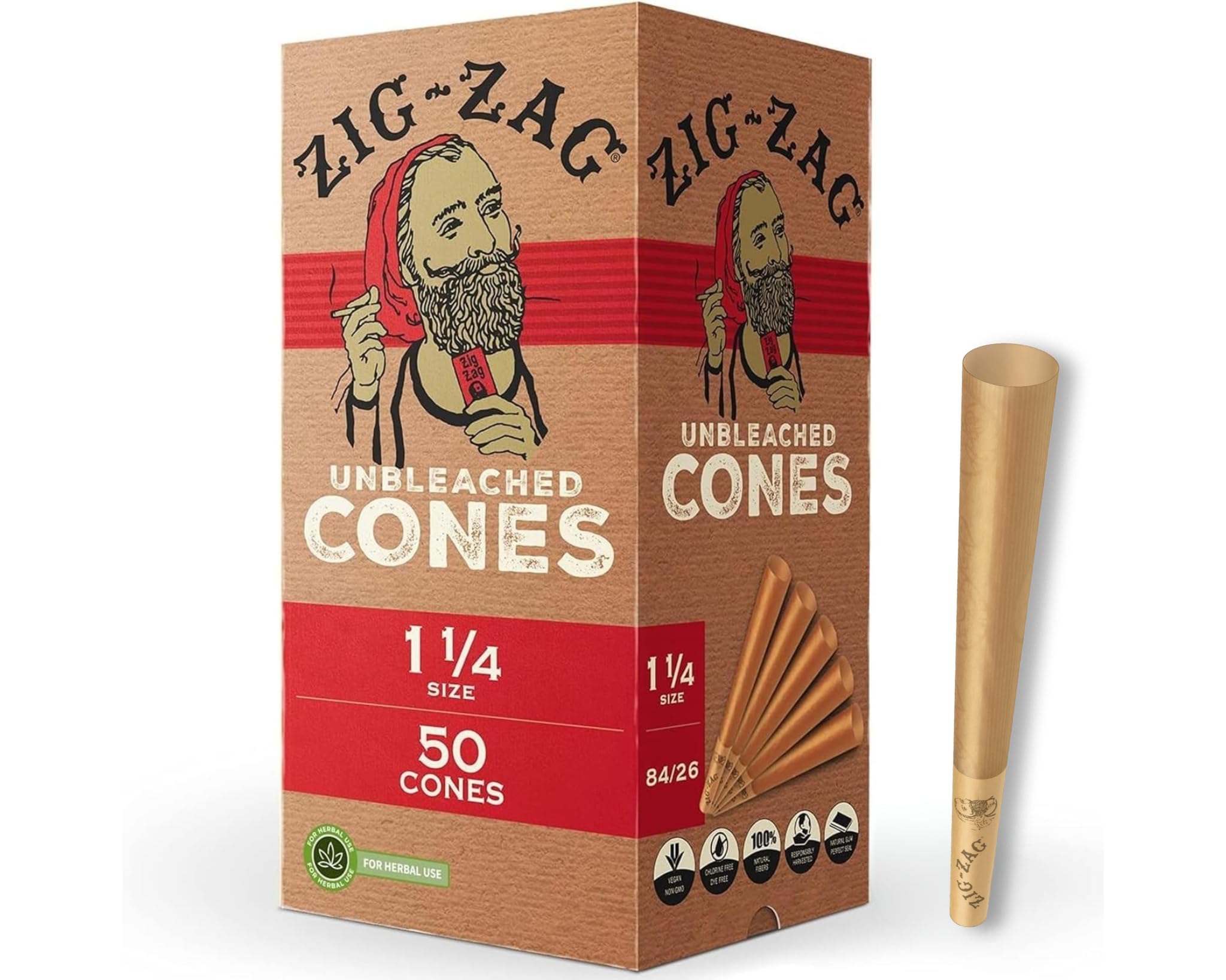 Zig Zag 1 1/4" Unbleached Pre Rolled Cones 50ct Box